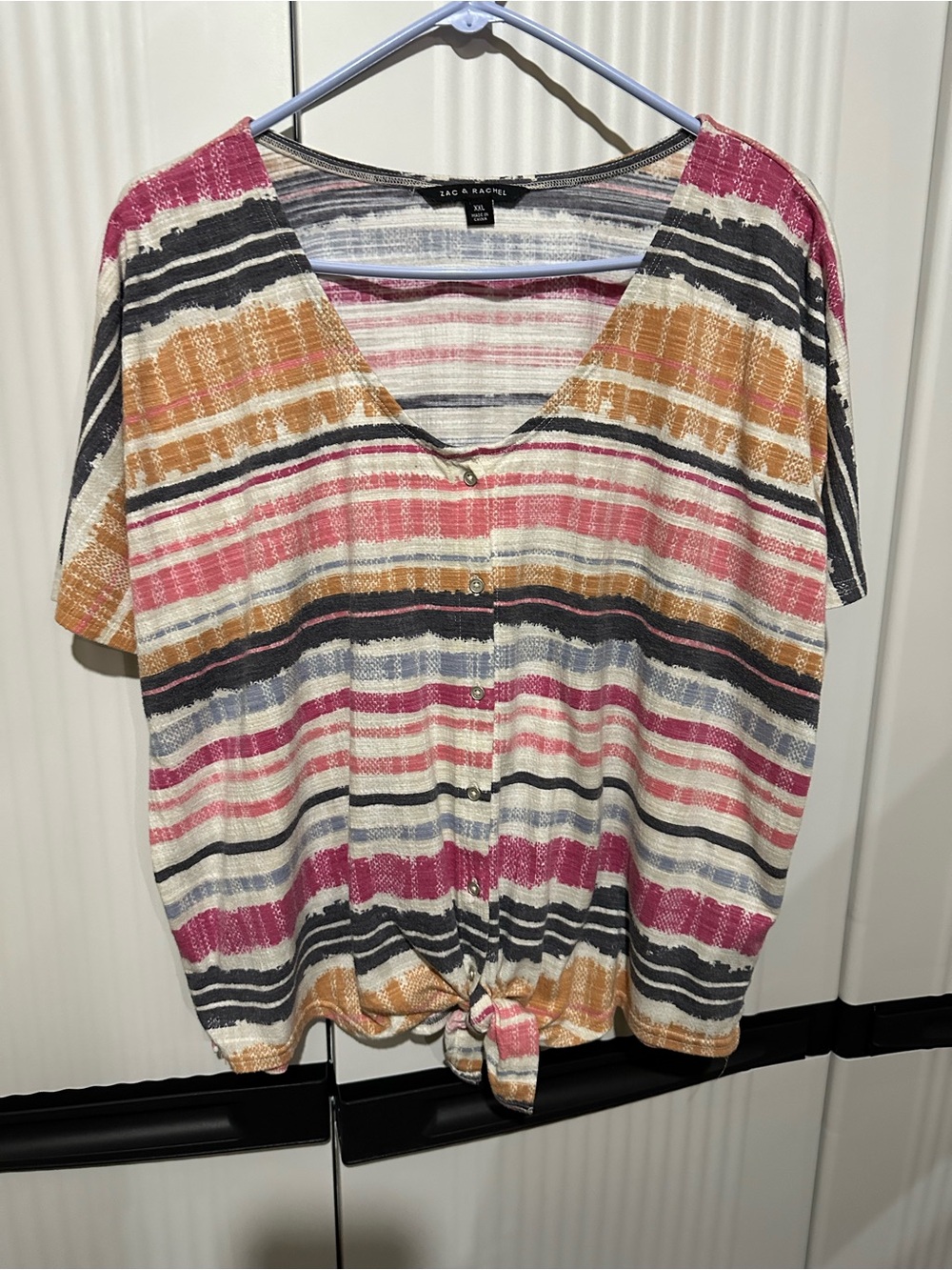 Zac & Rachel Striped Tie-Front Blouse - Pink, Gold, Black, Cream